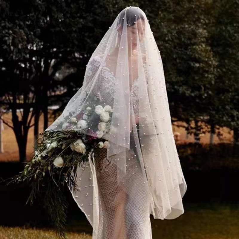 Wedding Veils Cathedral Length Lace Appliqued One Layer Custom Made White champagne Pearl Veils with Comb Bride Bridal Accessories