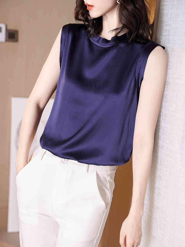 Women Summer Silk Blouse Sleeveless Office Work Wear Casual Elegant Blouses Ladies Loose Shirt Tops Blusas 210519