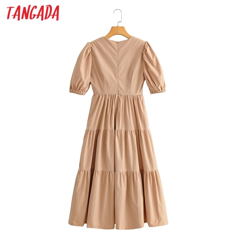 Summer Women Vintage Midi V Neck Short Sleeve Ladies Elegant Dress Vestidos AI02 210416