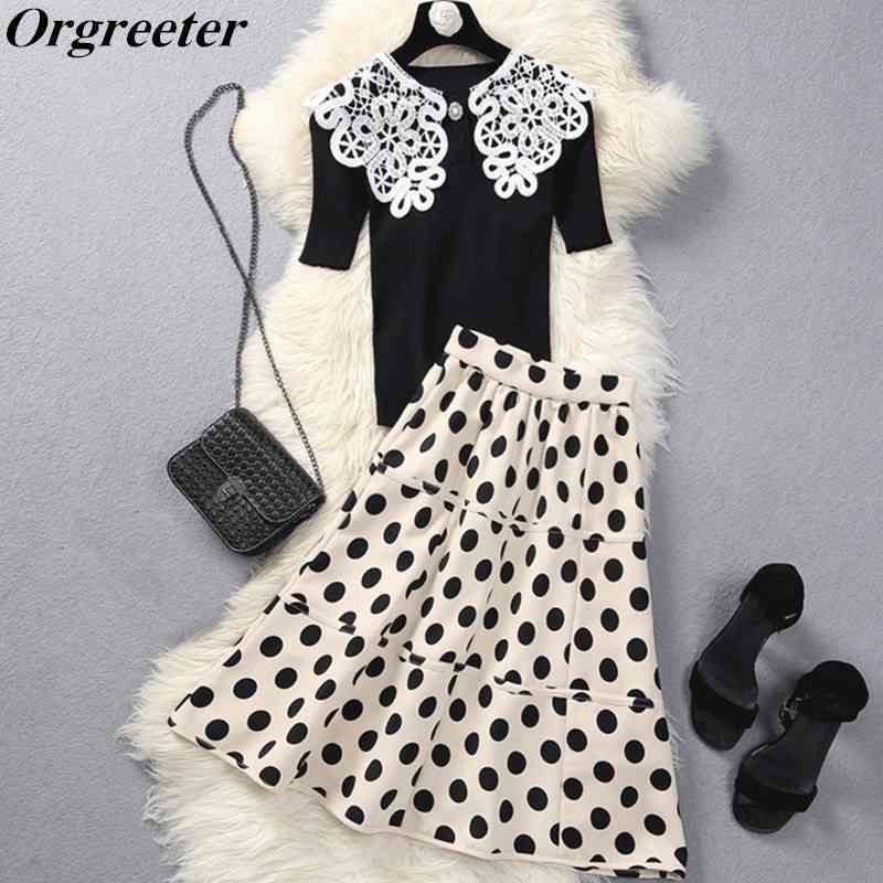 Polka dot Suits Female Summer Runway Diamond Lace Peter Pan collar Knitted Tops and Ball Gown Skirt Two-piece Sets 210525, Black
Polka dot Suits Female Summer Runway Diamond Lace Peter Pan collar Knitted Tops and Ball Gown Skirt Two-piece Sets 210525, Black
