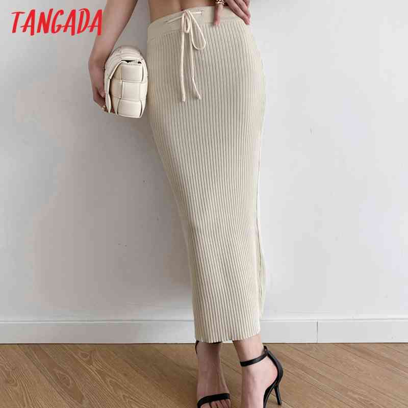 Women Elegant Knit Midi Skirt Faldas Mujer Vintage Strethy Waist Ladies Chic Mid Calf Skirts AI45 210416