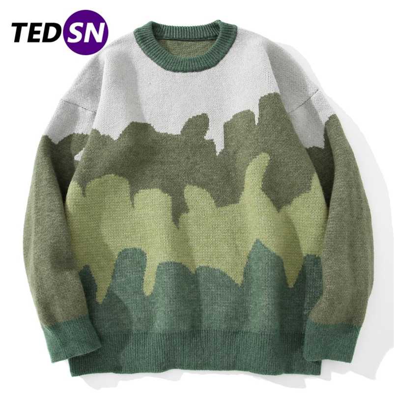 Harajuku Sweater Pullovers Men Gradient Striped Jacquard Knitted Sweater Hip Hop Retro Camouflage Print Streetwear Sweatshirts 211018, Green
Harajuku Sweater Pullovers Men Gradient Striped Jacquard Knitted Sweater Hip Hop Retro Camouflage Print Streetwear Sweatshirts 211018, Green