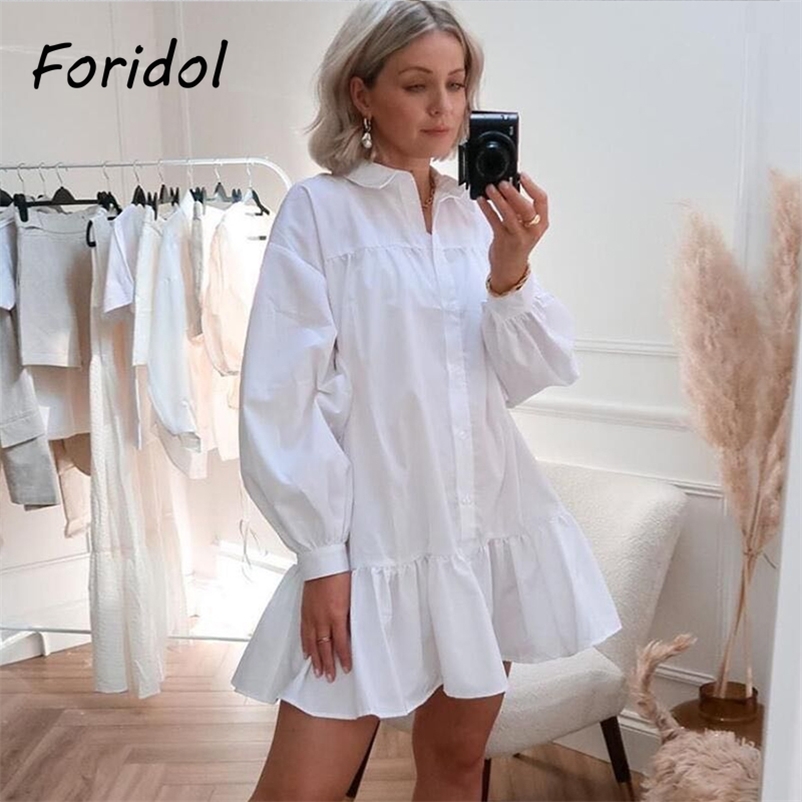Long Sleeve Women Dress Shirts Button Mini Autumn Spring Solid White A Line Fashion Ruffle Shirt Dresses Casual Vestidos 210415