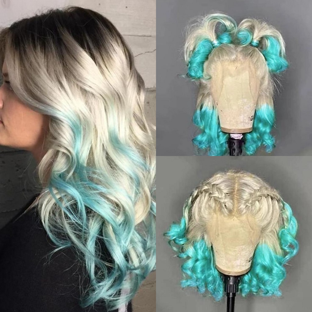 2021 Fashion 360 Frontal Short Wavy Wigs Blonde Ombre Green Color Brazilian Hair Synthetic Lace Front Wig For Women Cosplay