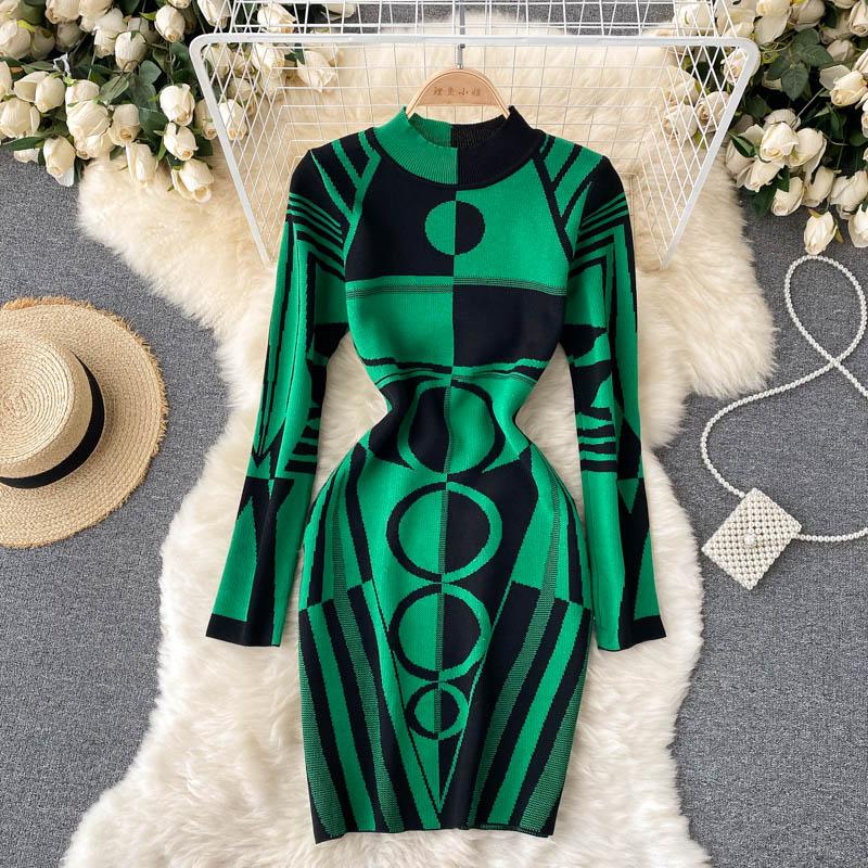 Casual Dresses SINGREINY Women Design Print Knitted Dress Long Sleeve O Neck Elastic Slim Pencil Autumn Winter Sexy Bodycon Sweater B1
