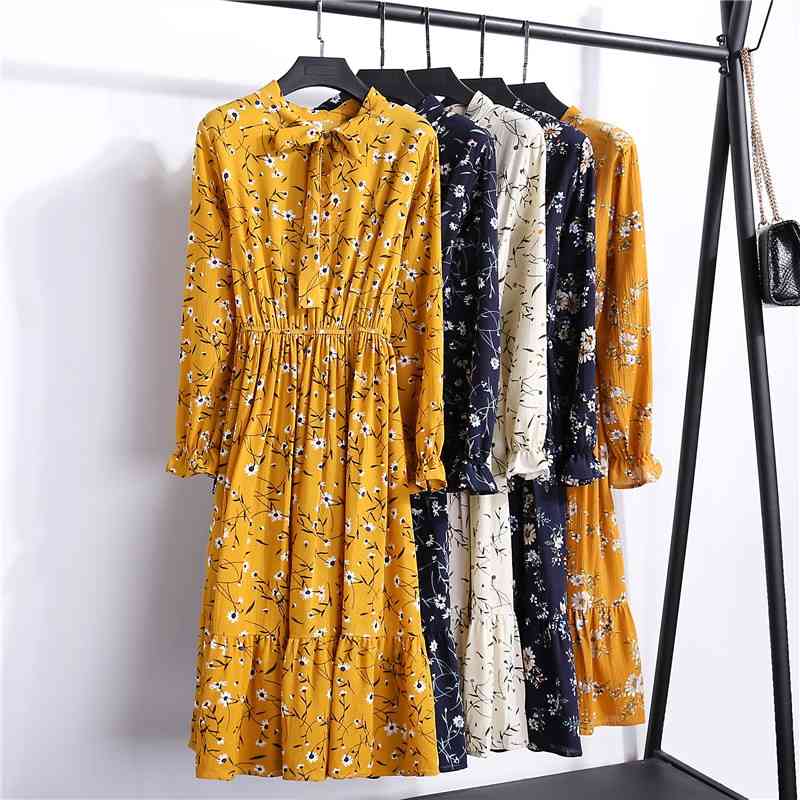 Fashion Woman Dresses Summer Autumn Chiffon Floral Print Women Long Sleeve Elegant Vintage 1945 50 210508