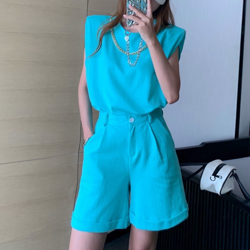 Summer Two Piece Suit Women Vintage Casual Chain O-Neck Sleeveless T- Shirt + High Waist Shorts Mujer Sets 210519