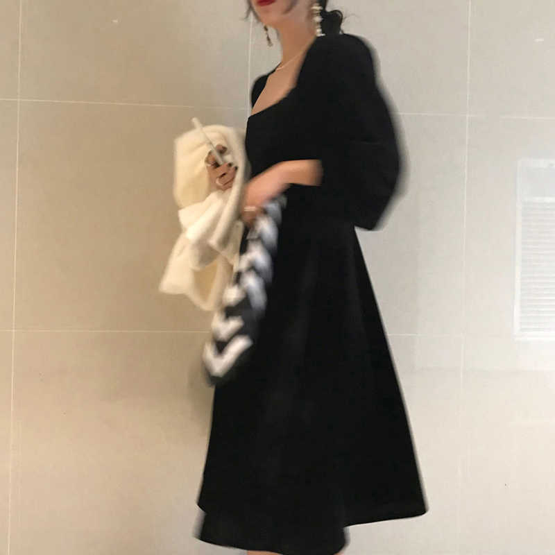 Joinyouth Vintage Velour Women Dress Square Collar Puff Long Sleeve Dresses Spring Korean Elegant Vestidos Femme Clothes 210630