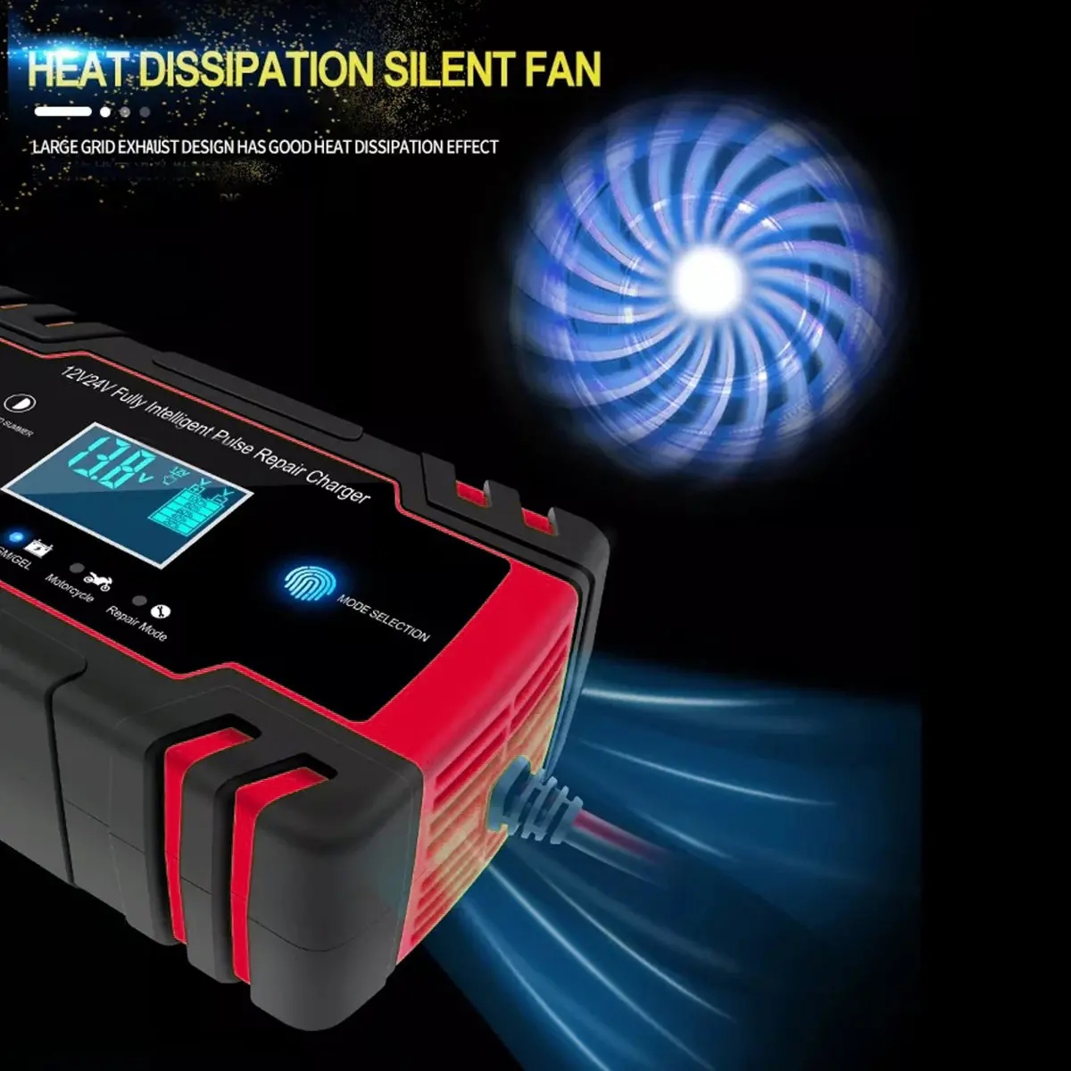 12V/24V 8A Touch Screen Pulse Repair LCD Battery Charger Red For Car Motorcycle Lead Acid Battery Agm Gel Wet - US Plug