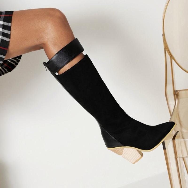 Boots Womens Pointy Toe Match Colors Knee The Thigh Chunky High Heel Belt Stitching PU Leather Western Shoes Plus Size 46 47 48