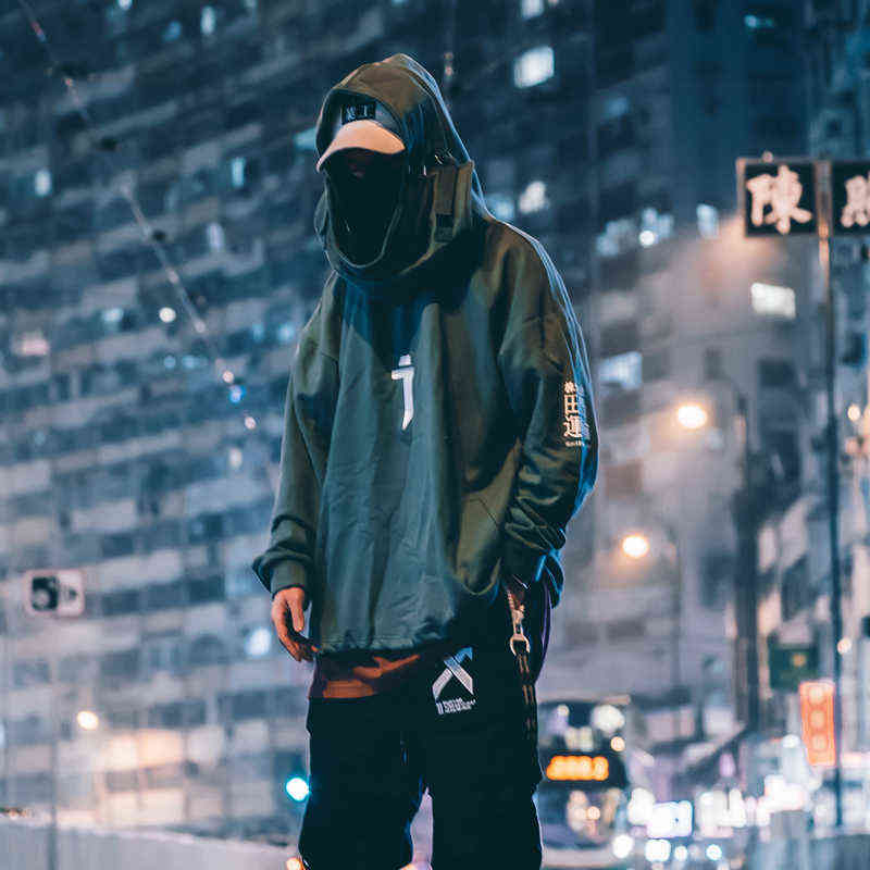 11 BYBB'S DARK Japanese Streetwear Hoodie Men Harajuku Neck Fish Mouth Pullovers Sweatshirts Oversized Hip Hop Hoodies Techwear 211116
