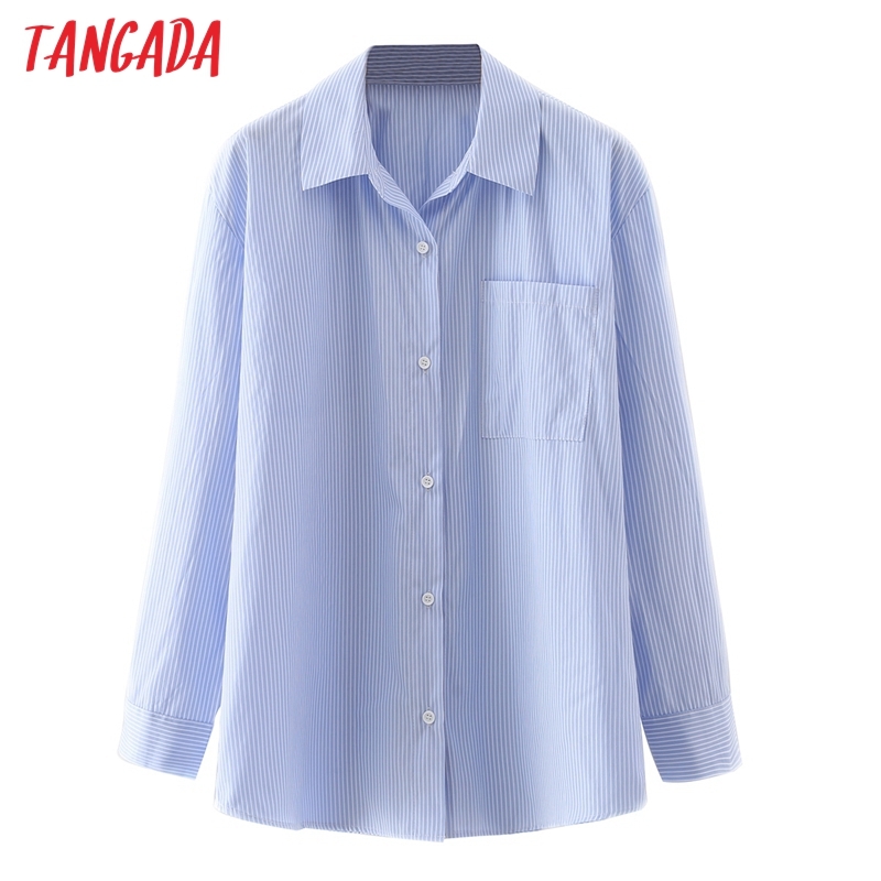 Women Striped Print Loose Shirt Pocket Long Sleeve Chic Female Casual Tops Blusas 3A43 210416