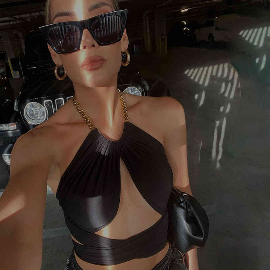 Summer Women Hater Backless Mini Tops Sexy Sleeveless Black Hollow Out Club Party Fashion Lady Shirts Crop 210423