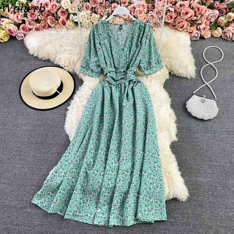 A-line V-neck Slim Waist Dress Women Elegant Sweet Floral Print Spring Summer Korean Maix Vestidos Chic Robe 210519