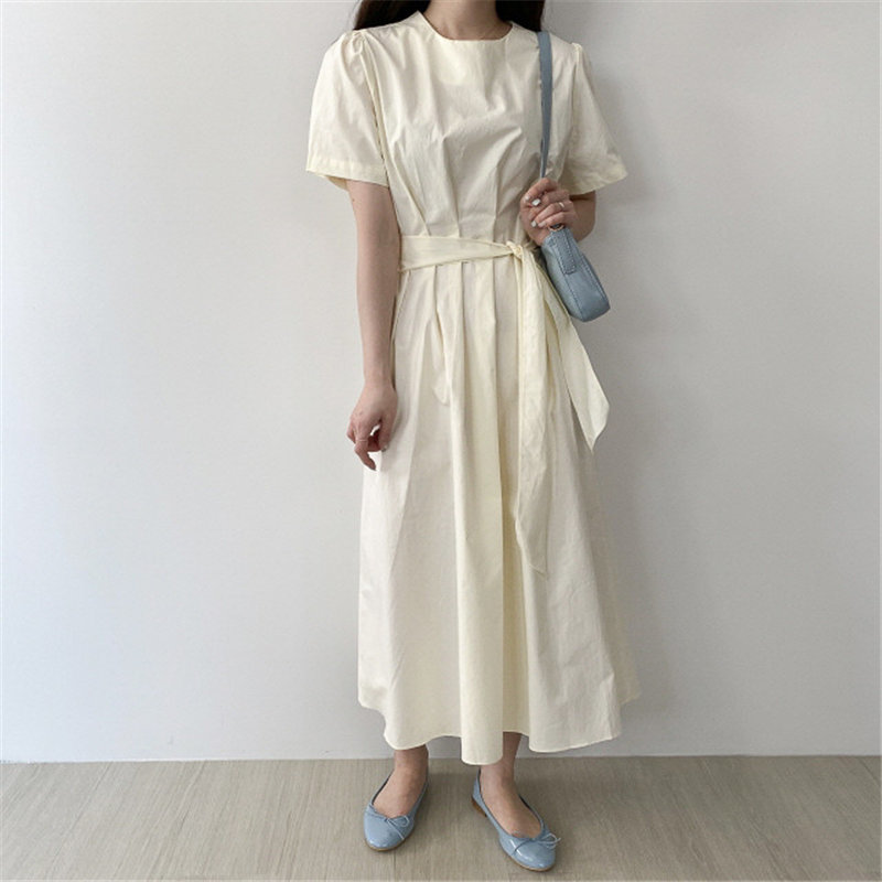 Summer Fresh Pleated Lace Up Thin Cotton Dress Minimalist Woman All Match Stylish Chic A-line Solid Dresses 210421