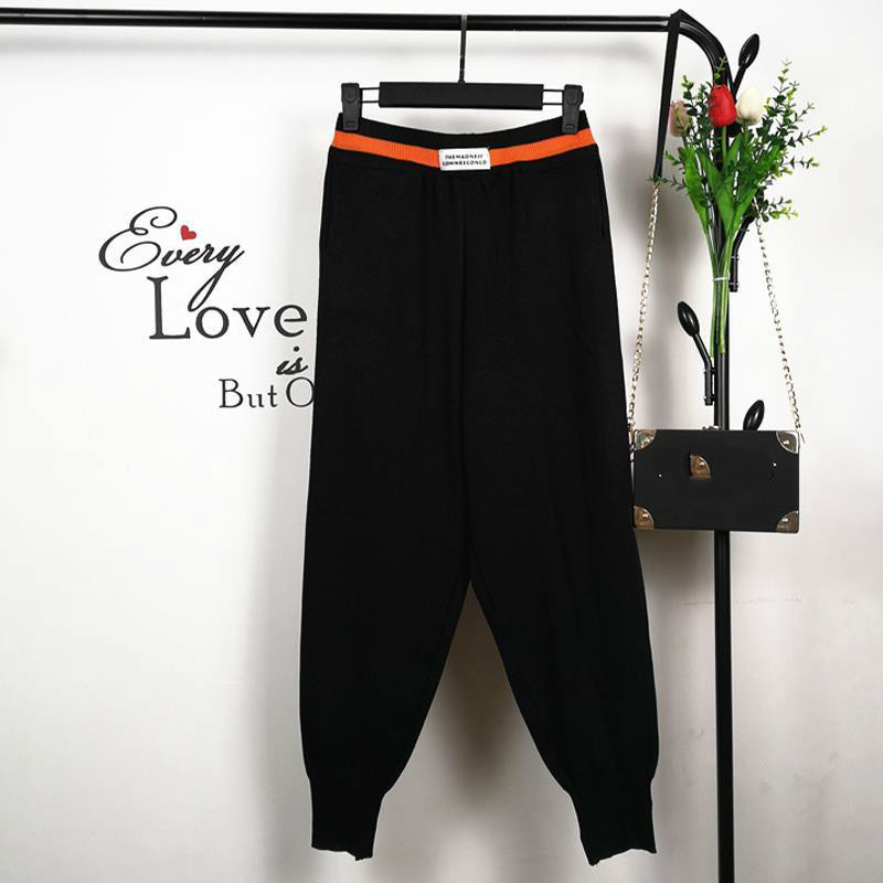 Nomikuma Women Sweater Pants Korean Contrast Color Stretch High Waist Ankle Trousers Causal Knitted Autumn Harem Pants 6D249 210427