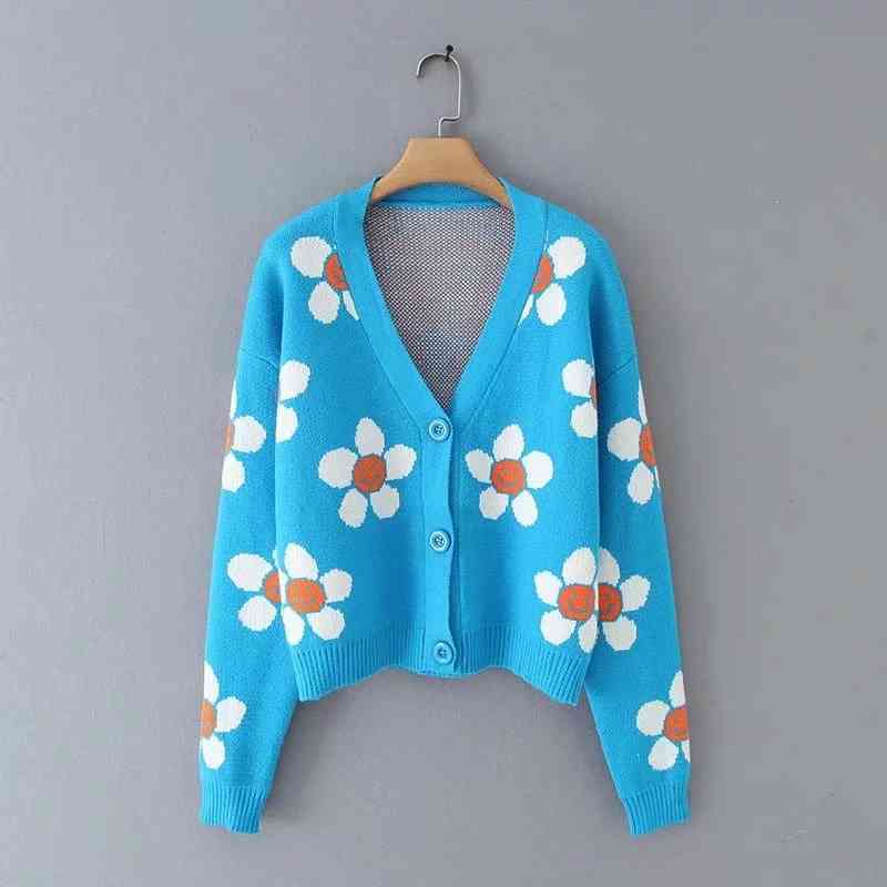 Autumn sunflower women cardigan casual pull femme long sleeve knitted sweater korean winter clothes lady jumper coat 210521