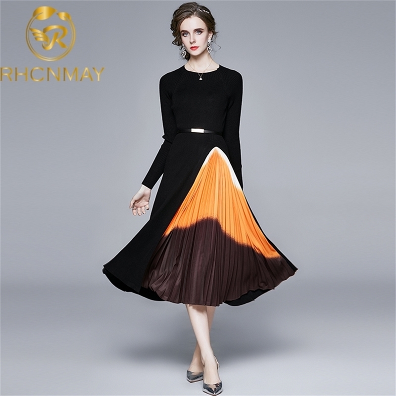 Catwalk Fashion Retro Knitting Long Sleeve Loose Splicing Gradients Pleated skirt length Dress Spring Fall Women 210506
