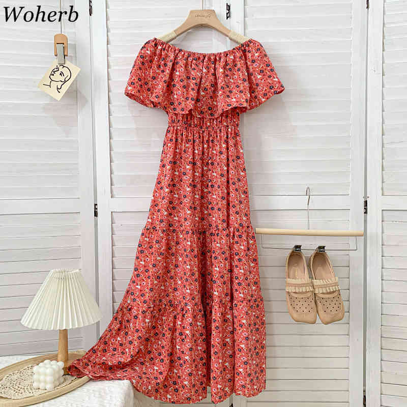 Women Beach Pleated Dress Summer Korean Sexy Off Shoulder Vintage Dresses Ladies Elegant Floral Print Long Robe Vestidos 210519