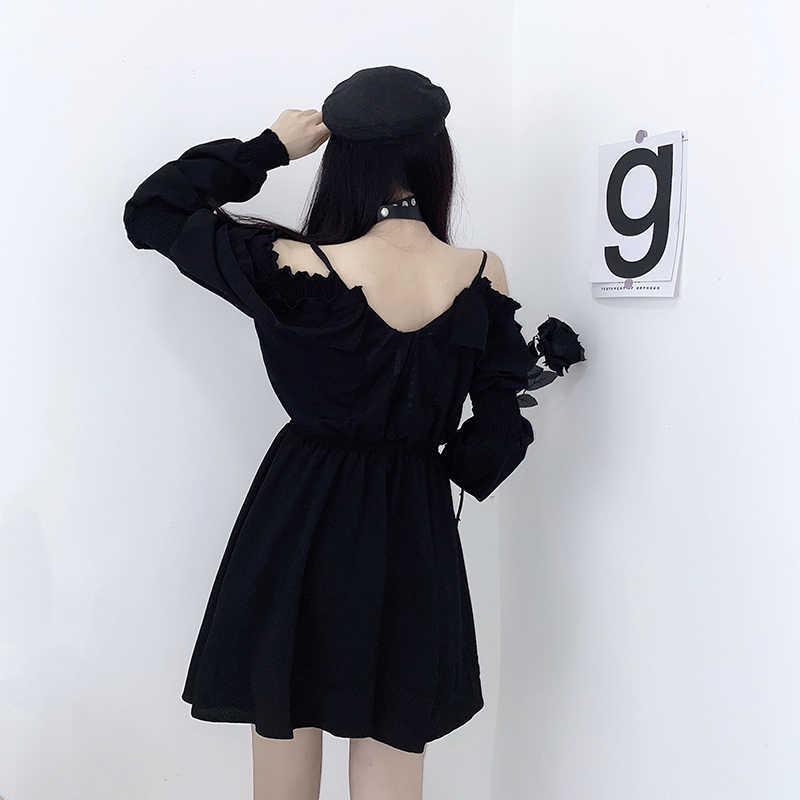 Women dress demon girl original black spring and autumn sexy high waist femme dress shoulder long sleeve gothic dress A085 210630