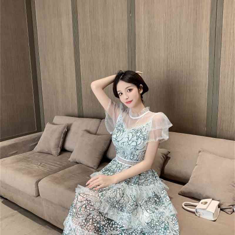 Vintage High Waist Long Dress Elegant Summer Women Boho Runway Mesh Embridery Short Sleeve Ruffles Vacation Party 210519