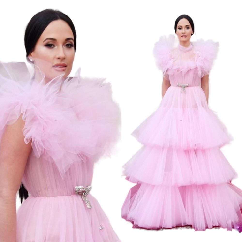 Puffy Pink Tulle Prom Dresses Floor Length 2022 A-Line Tiered Skirt Ruffle High Neck Red Carpet Gowns Formal Celebrity Evening Gowns