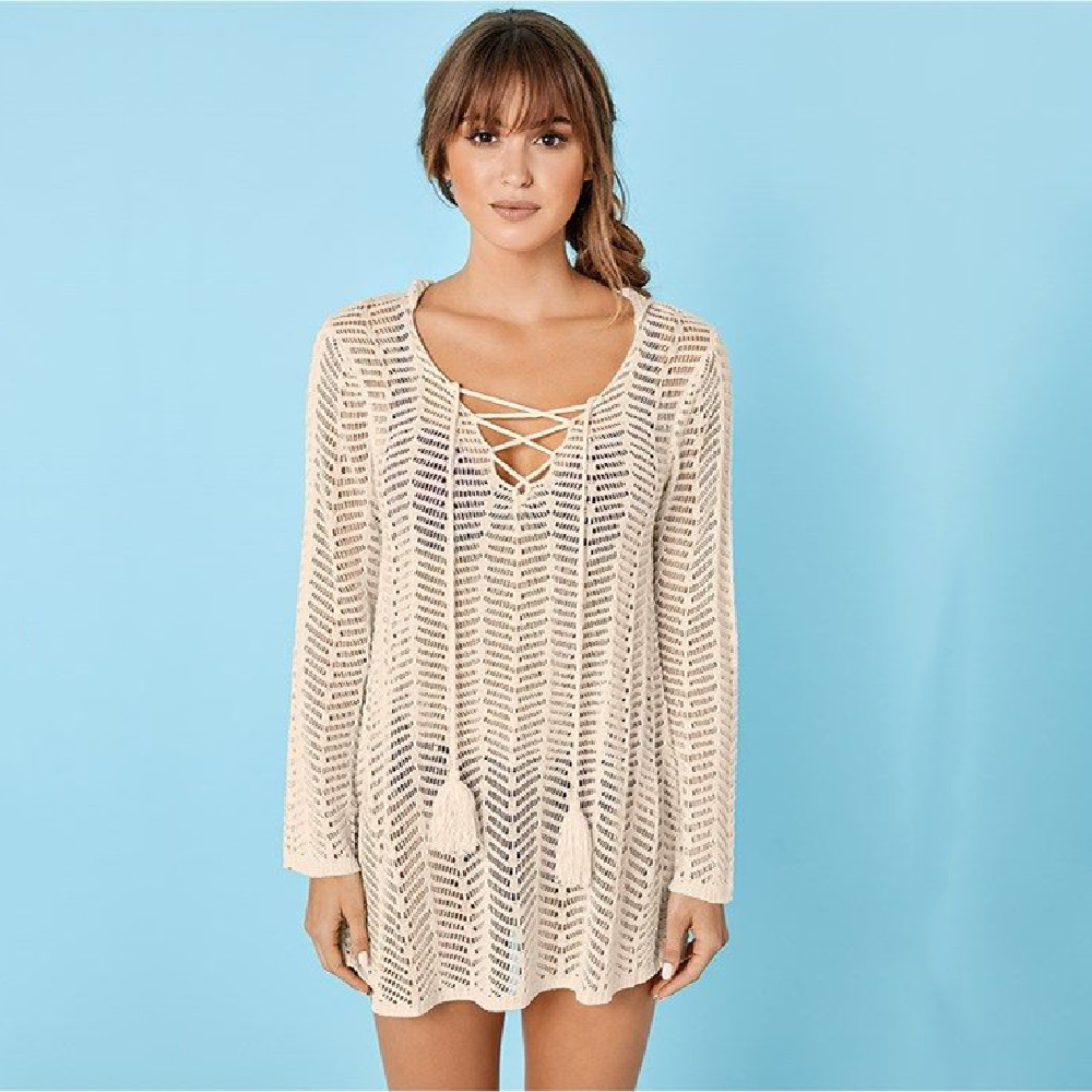 Sexy Beach Cover up Crochet Hoodie Bikini Dress Ladies Bathing Suit ups Tunic Saida de Praia #Q447 210420
