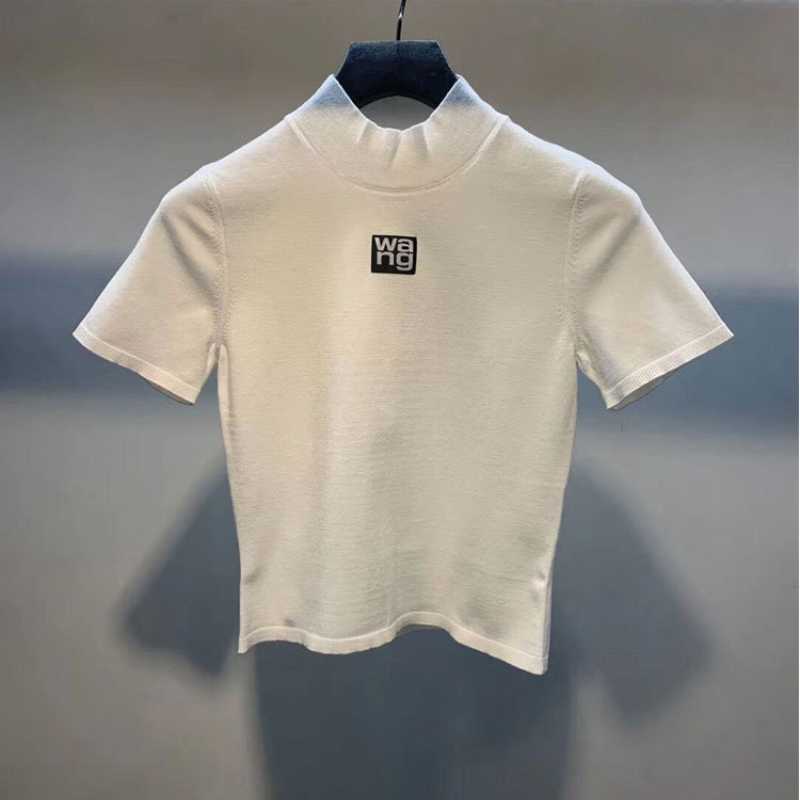 Slim-Fit Knited Tshirts for Women Summer Print Letter Pullover Short Sleeve T-shirt Female Crop Tops Graphic Tees 210722