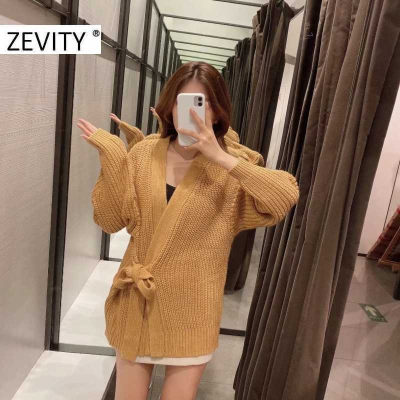 Zevity Women Leisure Cross V Neck Solid Color Bow Tied Knitting Sweater Coat Ladies Long Sleeve Casual Kimono Chic Tops S444 210603