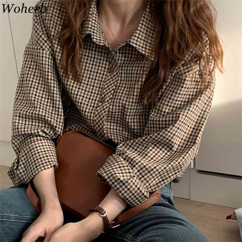 Woman Blouses Spring Summer Vintage Plaid Shirt Japanese Style Long Sleeves All Match Casual Blusas Korean Chic 210519