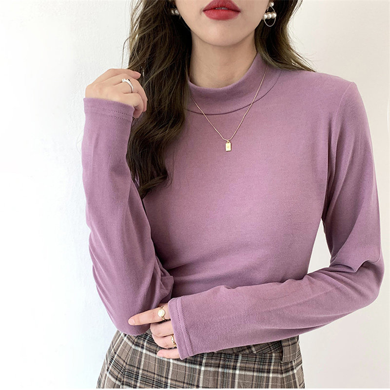 Full Sleeves Women Thick Turtleneck Basic Korean Autumn All Match Sexy Brief Tops Solid Loose Casual T-shirt 210421