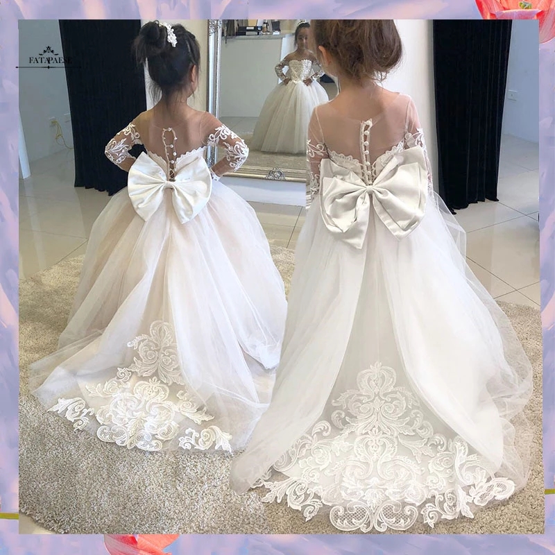 2022 New Spring Summer Lace Tulle Girl's Dresses Bows Back Appliques Children's First Communion Dress