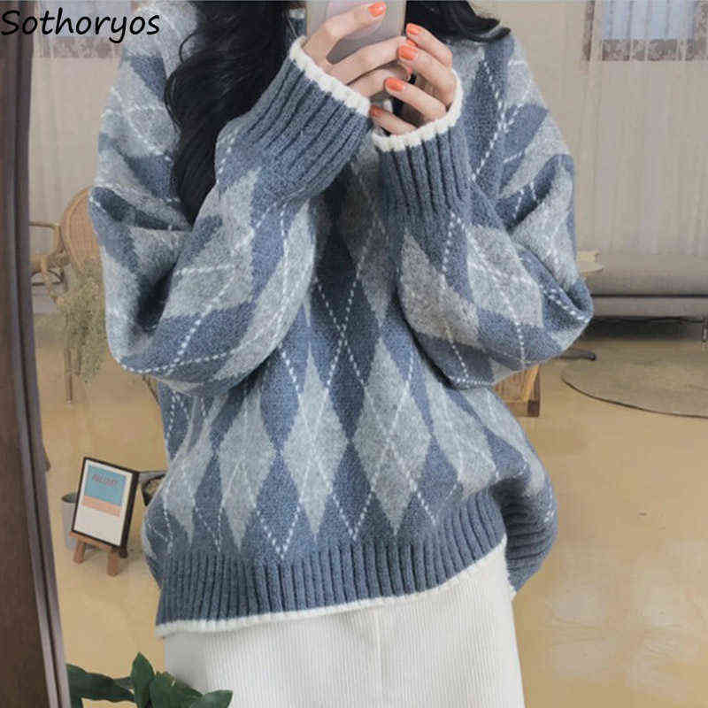 Pullovers Women Argyle Vintage Loose Long Sleeve Sweater Autumn Winter Casual Knitwear Korean Style Fashion Ins All-match Jumper Y1110, Blue
Pullovers Women Argyle Vintage Loose Long Sleeve Sweater Autumn Winter Casual Knitwear Korean Style Fashion Ins All-match Jumper Y1110, Blue