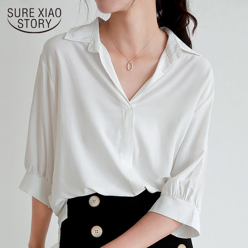 Casual Loose Short Sleeve Blouse Summer Plus Size V-neck Chiffon Shirt Women Solid Pullover Clothing Blusas 10183 210415