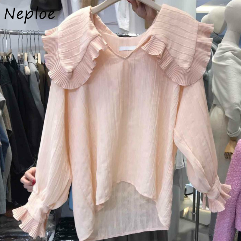 Peter Pan Collar Ruffles Patch Pulover Blouse Women Flare Long Sleeve Solid Blusas Spring Loose Shirt Feminino 210422