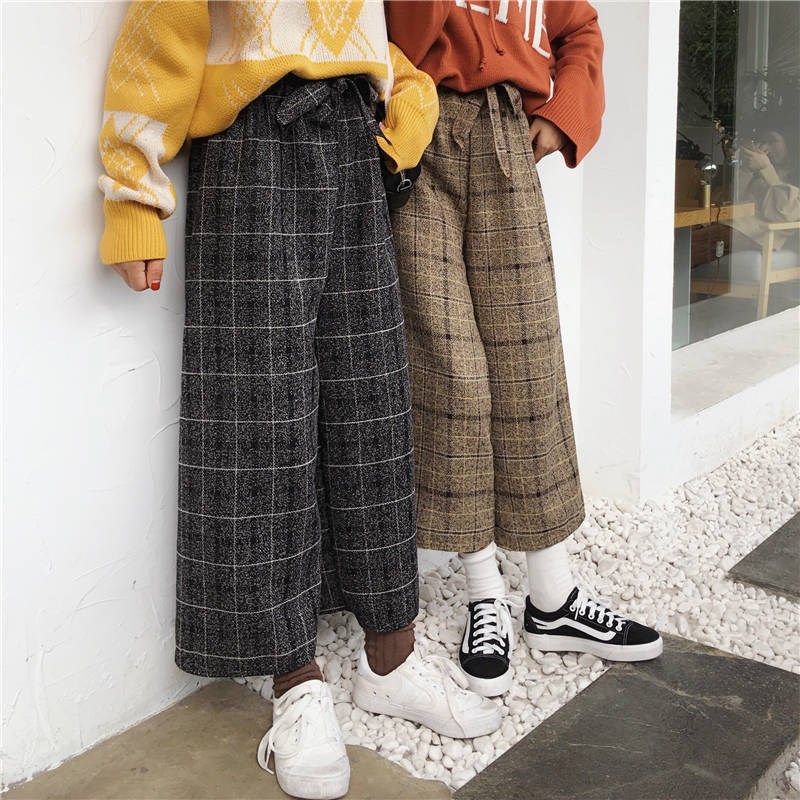 Harajuku Plaid Pants Women High Waist Wide Leg Trousers Streetwear Casual Loose Female Pantalones Mujer 210519