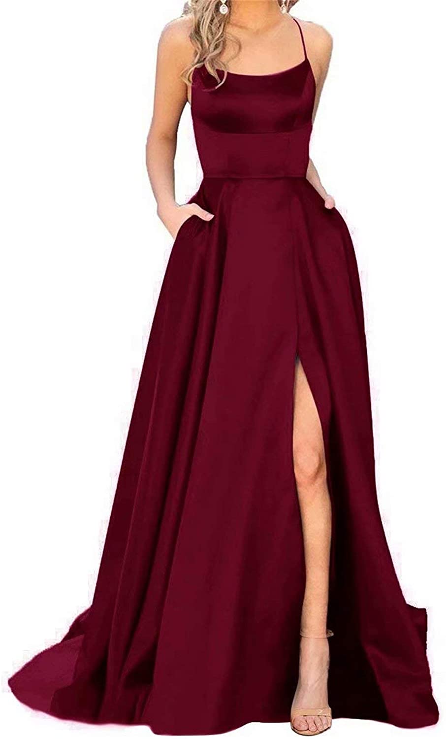 Sexy Long Prom Dresses Criss-Cross Back Candy Color Elastic Silk like Satin Spaghetti Strap Slit Evening Party Dinner Birthday Date Gowns