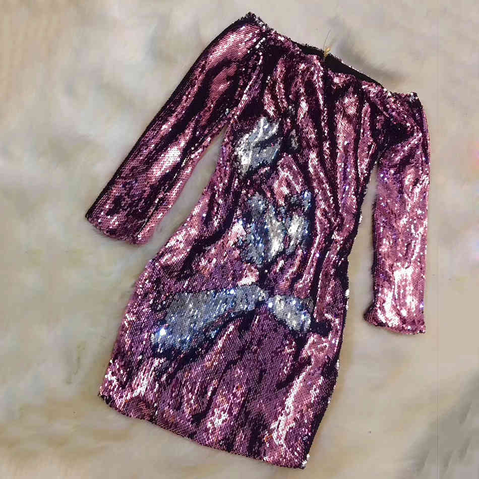 Autumn Sequins Mini Dress Strapless Ladies Halter Long Sleeve Sexy Nightclub Clothing Fashion Bodycon Back Zip 210524