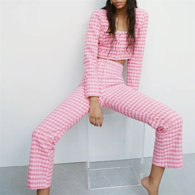 2 piece pants sets spring fashion suit square tie button pullover plaid top and wide-leg long 210524
2 piece pants sets spring fashion suit square tie button pullover plaid top and wide-leg long 210524