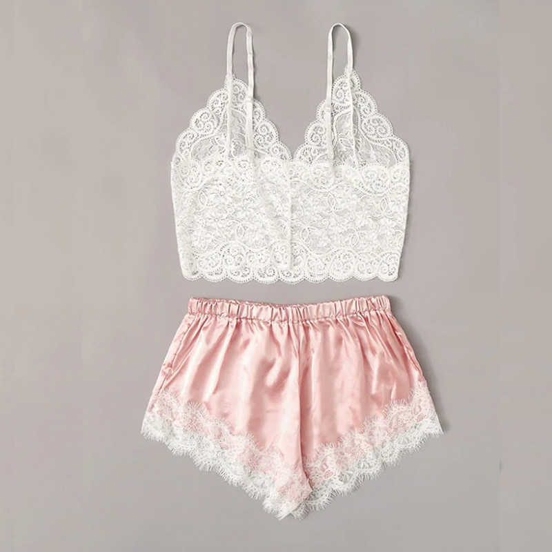 Women Sexy Temptation Lace Pajamas Set V-collar Pijamas Set Summer Women's Sleepwear Sexy Cute Top And Shorts 210924