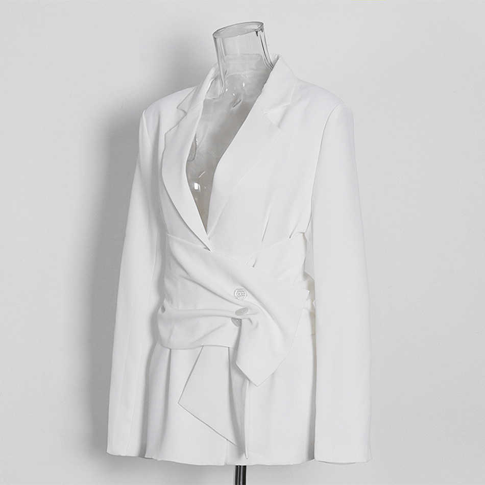 Casual White Blazer For Women With Slotted Long Sleeve Belt Elegant Fashion Clothing 210525