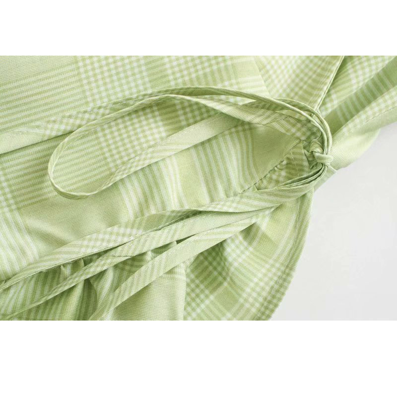 Plaid Pleated V-Neck Tie Summer Fishtail Haruku Dress Beach Vacation