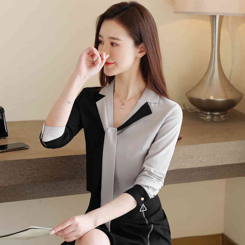 Autumn Korean Style Long-Sleeve Chiffon Blouse Loose Plus Size Gray Women Shirt V Neck Ladies Clothing 10753 210518