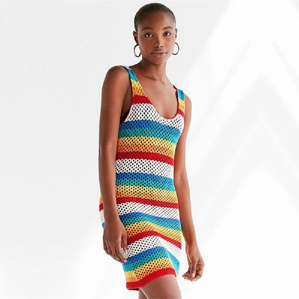 Multicolored Striped Summer Beach Wear Mini Dress Women Tunic Swimwear Cover-ups Bikini Wrap Cover Up Sarong plage #Q726 210420