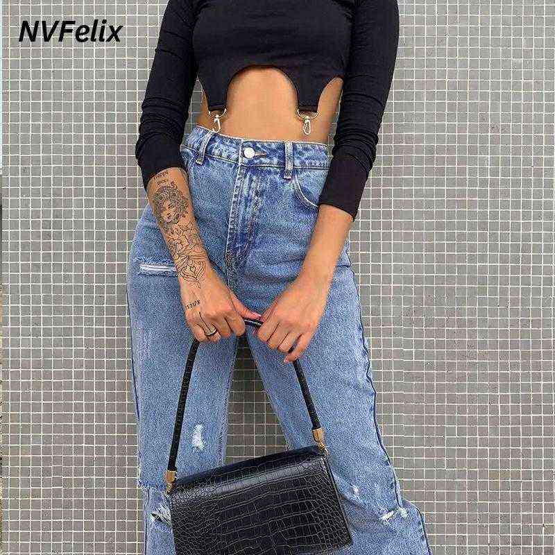 Fashion Rippde Jeans Women High Waist Straight Denim Mom Pants Baggy Jeans Women Washed Blue Casual Female Cotton Pants 211112