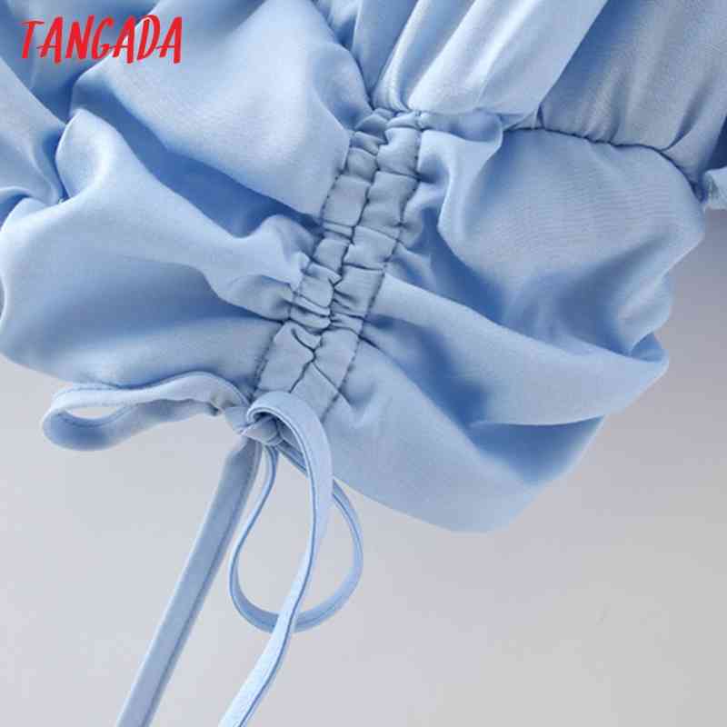 Women Retro Blue Pleated Crop Off Shoulder Short Sleeve Summer Chic Female Sexy Slim Shirt Tops 2M139 210416