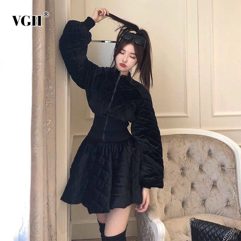 VGH Plaid Black Two Piece Set For Women Stand Collar Long Sleeve Jacket High Waist Ruched Skirt Casual Sets Female Style 210421