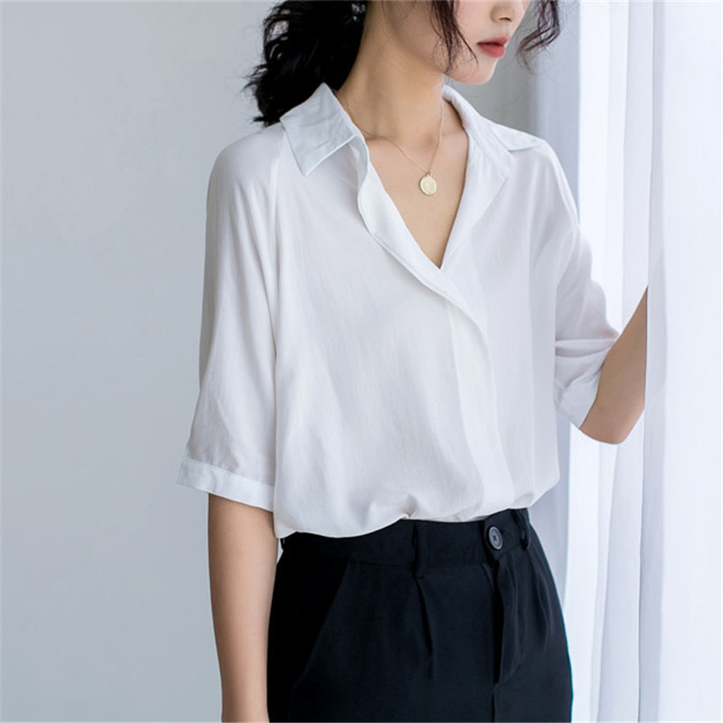 Office Lady Short Sleeves Formal Shirt Streetwear Women's OL Minimalist Vintage Chiffon Solid Large Size Shirts 210421
