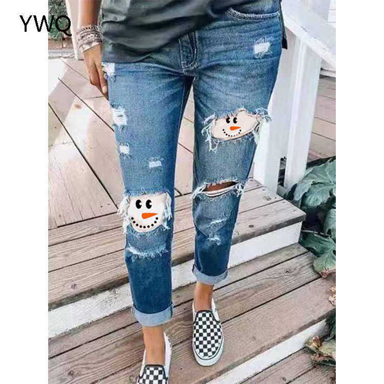Women Patchwork Pencil Pants High Waist Ripped Boyfriend Jeans Streetwear Vintage Distressed Hole Mom Jeans Casual Denim Trouser 210616