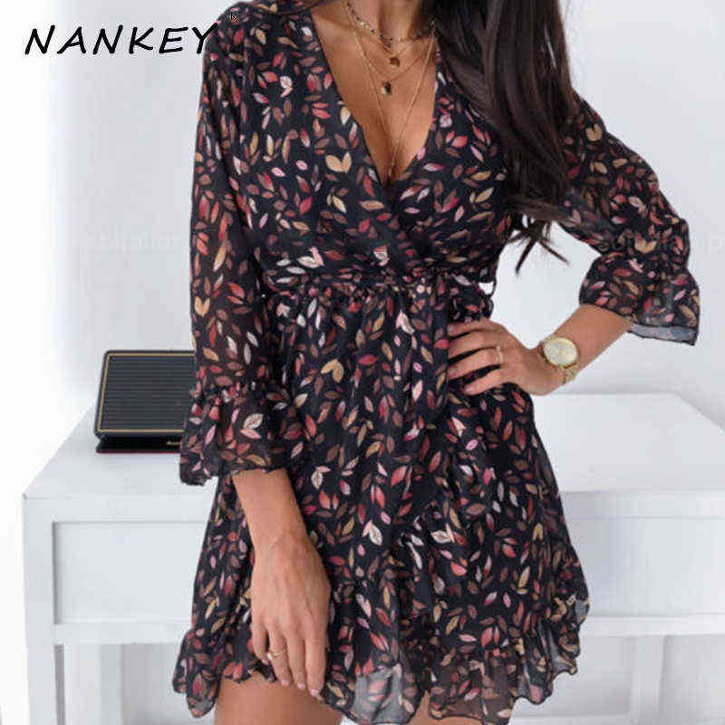 NANKEY Leaf Print 3/4 Sleeve Summer Dress For Women Casual Leopard V Neck Mini Dress Sashes Club Dress Female Party Vestidos 210630